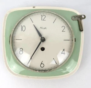 KIENZLE Clock Kitchen Wall Ceramic Green White Analog with Key 1960's Germany - Picture 1 of 9