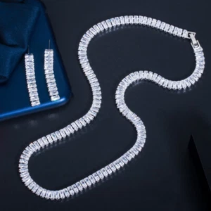 Sparkly Silver Plated CZ Lady Baguette Long Wedding Necklace Earring Jewelry Set - Foto 1 di 10