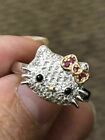 Real Moissanite 2ct Round Cut Hello Cute Kitty Ring 14k White Gold Silver Plated