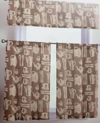  3 pc. Curtains Set: Valance (60"x14") & 2 Tiers (30"x36") TEA CUP on BROWN, VC - Image 1 of 4