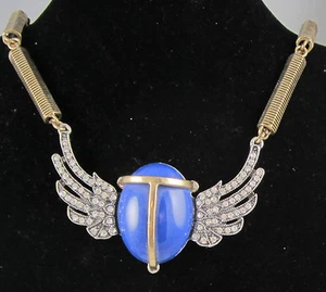 Estate Gorgeous Goldtone Rhinestone Blue Winged SCARAB Statement Necklace - Picture 1 of 5