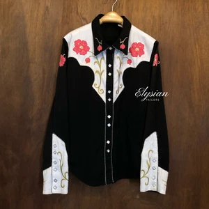 Men's Retro Floral Embroidered Custom Western Cowboy Long Sleeve Black Shirt - Picture 1 of 9