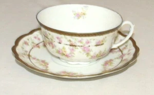 Taza y platillo de porcelana MZ Moritz Zdekauer Austria flores rosas borde dorado - Imagen 1 de 5