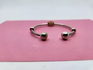 Pandora 925 ALE Open Bangle Cuff Bracelet w/Beaded Heart Charm - Picture 1 of 9
