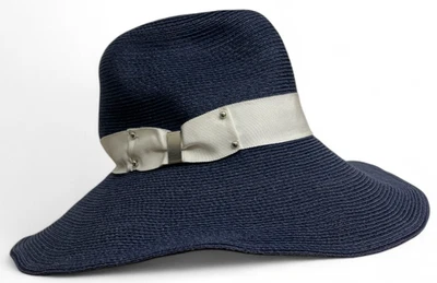 Eugenia Kim Wide-Brim Hemp Straw Sun Hat XS Navy Blue Ivory Floppy Ribbon Resort - Image 1 of 4