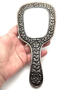 Antique Art Nouveau Hand Held Mirror Silver Plate Flowers Floral 8 X 3 3/8” - Picture 1 of 2