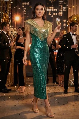 Vestido de Seda Vintage Años 80 Lentejuelas Vestido Vacaciones Navidad Año Nuevo Fiesta Vaquero Western Foto 1 de 4