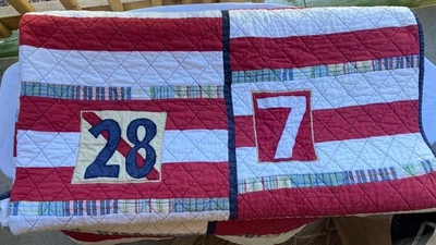 Pottery Barn Kids TWIN Nautical Quilt Red Stripe Madras Number Reversible  Read - Image 1 of 4