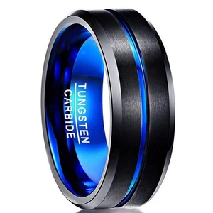 Men's Grooved Tungsten Carbide Rings Blue Black Wedding Band Beveled Edge Size 7 - Picture 1 of 7