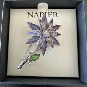 Napier Silver Tone Crystal and Rhinestone Purple Flower Pin/Brooch 2.5" in Box * - Picture 1 of 12
