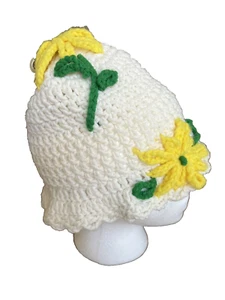 Vintage Hand Made Crocheted White and Yellow Floral Children's Girls Hat Beanie - Picture 1 of 5