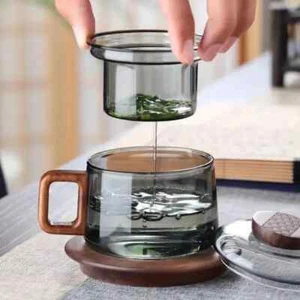 Juego de tazas de té de vidrio resistente al calor con platillo de madera infusor 200 ml - Imagen 1 de 11