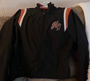 Woman's Harley Davidson jacket large. Orange & White Stripes around the sleeves