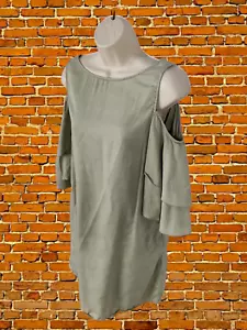 ZARA GREEN DRESS XSMALL WOMENS COLD SHOULDER FRILLY MINI KHAKI SHORT 3/4 SLEEVE - Picture 1 of 5