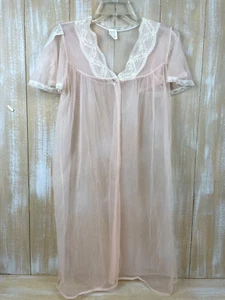 Babydoll Vintage Sheer Peignoir Rosa Manga Corta con Encaje Pequeño Hecho en EE. UU. - Imagen 1 de 7