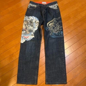 Karakuri Tamashii Denim Jeans Pants Fujin Raijin Print Embroidered Blue Size 34 - Picture 1 of 10