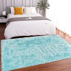 Latepis High Pile Faux Fur Area Rug, 4x6 ft, Light Blue, Living Room, Bedroom... - Picture 1 of 7