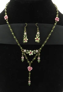 Brass Tone Enameled floral earring and necklace set with rhinestones adjustable - Picture 1 of 22