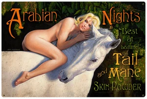 Letrero de metal vintage Arabian Nights Horse, PINUP, NO FIRMADO por Greg Hildebrandt - Imagen 1 de 3