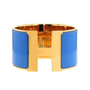 HERMES Extra WIDE Blue Enamel Rose Gold Clic H Bracelet Bangle Cuff PM Birkin - Picture 1 of 5