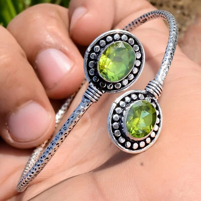 Oval Peridot Gemstone Handmade Man's Bracelet 925 Sterling Silver Cuff Bangle - Image 1 of 4