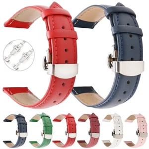 Leder Uhrenarmband Ersatz Armband 14/16/18/19/20/22/24mm Butterfly-Faltschließe - Picture 1 of 28