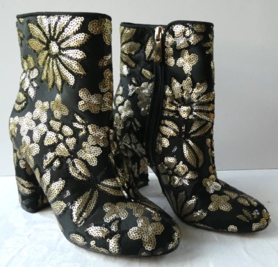Botines de tobillo Nanette Lepore Lilly negros dorados con lentejuelas metálicas florales talla 6M Foto 1 de 4