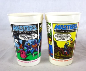 DOS tazas de plástico de colección 1985 Masters of the Universe MOTU Burger King He-Man Spydor - Imagen 1 de 9