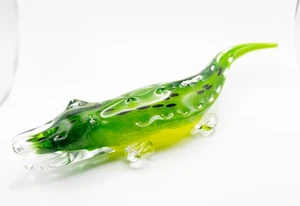 Crocodile Alligator Art Glass Figurine 12" Hand Blown Green w Yellow w Clear - Picture 1 of 5