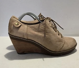 Clarks Leather Beige Brown Softwear Wedge Lace Up Heels Shoes Used UK Size 9 - Picture 1 of 9