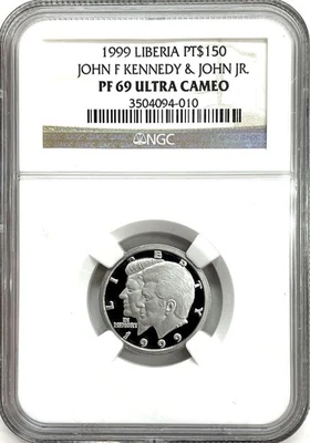 1999 PLATINUM 375 MINTED JOHN F KENNEDY & JFK JR LIBERIA $150 NGC PROOF 69 UC - Image 1 of 2