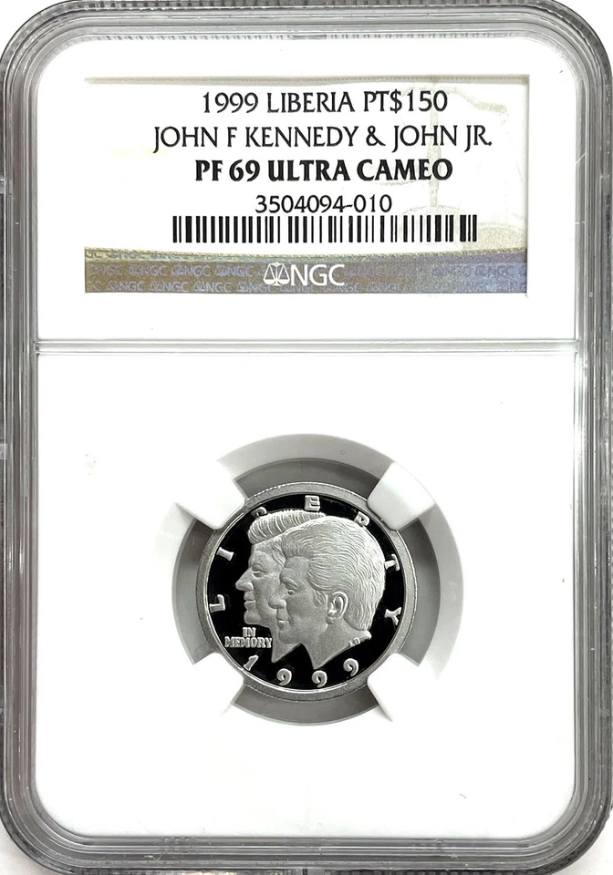 1999 PLATINUM 375 MINTED JOHN F KENNEDY & JFK JR LIBERIA $150 NGC PROOF 69 UC - Image 1 of 2