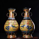 20"Collect Ancient Bronze Cloisonne Dragon Loong Pattern Zun Bottle Vase A Pair