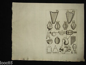planche de 19 instruments de musique - gravure XVIII - Histoire Bible 