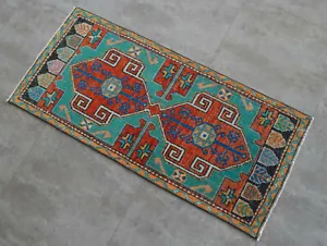 Vintage Distressed Small Area Rug Hand Knotted Oushak Rugs Yastik -1'10"x4' - Picture 1 of 5