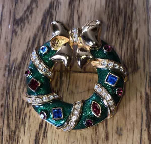 Spilla corona di Natale vintage Franklin nuova di zecca tono oro con strass - Foto 1 di 3