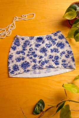 Vente Vintage Sexy Mieder Jupe Mini Jupe Bleue Motif Stretch CHANTELLE S M - Photo 1/4