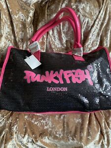 punky fish embellished Pink/ Black  sequin holdall bag 16 Width And 10 Length