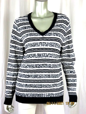 KOHL'S SZ L 100% Cotton White Black Gray Stripes V-Neck Pullover Sweater - Image 1 of 4