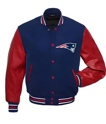 Chaqueta Universitaria New England Patriots Cuerpo Azul Real Cuero Rojo Foto 1 de 4