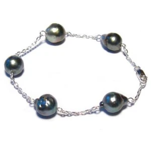 7.5" 9-10mm Tahitian Black Pearl 925 Sterling Silver Bracelet - Picture 1 of 2