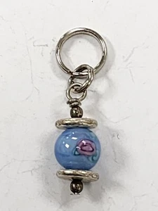 Sterling Silver Small Blue With Pink Floral Ball Dangle Charm - Picture 1 of 4
