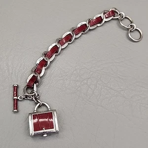 Ecclissi Pulsera Cartera Dije Reloj Rojo Imitación Cuero Tono Plata Cadena 7" - Imagen 1 de 10