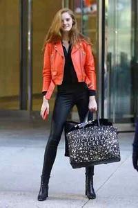 Damen Orange Lederjacke Reines Lammleder Biker Motorrad Stylische Jacke - Bild 1 von 9