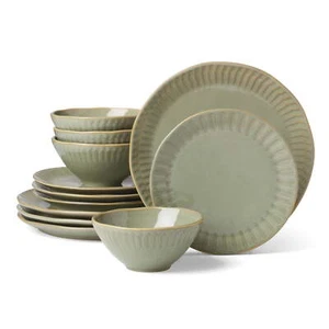NUOVO 12 Pezzi Set di Stoviglie in Gres Artigianale a Righe Verdi (Servizio per 4) - Foto 1 di 6