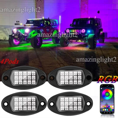 Fit Jeep Wrangler JKU JK 4 Pods RGB LED Neon Rock Light Underbody Bluetooth APP - Image 1 of 4