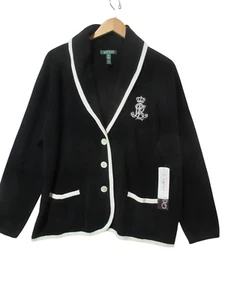 NWT $179 Sz 2X Lauren Ralph Lauren CREST Black w/ White Knit Cardigan Sweater - Picture 1 of 15