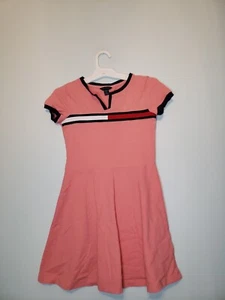 Tommy Hilfiger Girls M 8-10 Tennis Dress Short Sleeve Pink Stripe V Neck Pique - Picture 1 of 6