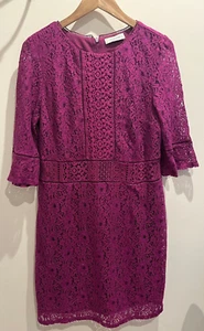 Oasis Dress Size L 14-16 Purple Lace Short Sleeve Fit Flare Formal Occasion - Picture 1 of 8