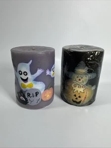 NEW PILLAR Black Purple Candle 4" x 3" Farmhouse Halloween Scent Decor Set of 2 - Picture 1 of 8